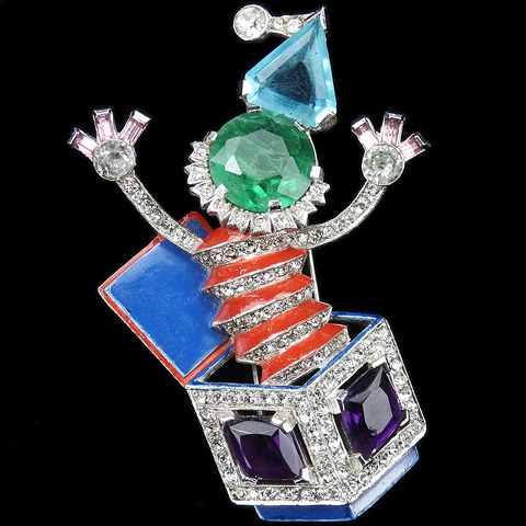 Trifari 'Alfred Philippe' Pave Enamel and Multicolour Gems Jack in the Box Pin Clip