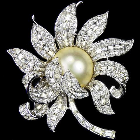 Trifari 'Alfred Philippe' Pave Pearl and Baguettes Peony Flower Pin