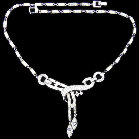 Trifari 'Alfred Philippe' Diamante Pave Baguettes and Navettes 'Diadem' Bow Swirl and Double Pendant Choker Necklace