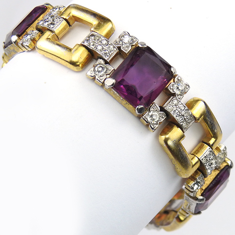 KTF Trifari 'Alfred Philippe' Gold Pave and Amethysts Square Link Bracelet