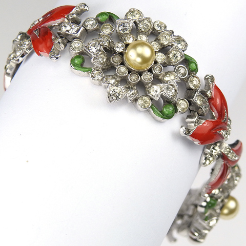 Trifari 'Alfred Philippe' Pave Pearls and Red Enamel Leaves Triple Link Flowers Bracelet