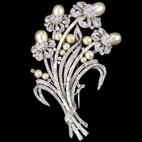 Trifari 'Alfred Philippe' Pave Baguettes and Pearls Four Flower Floral Spray Pin Clip
