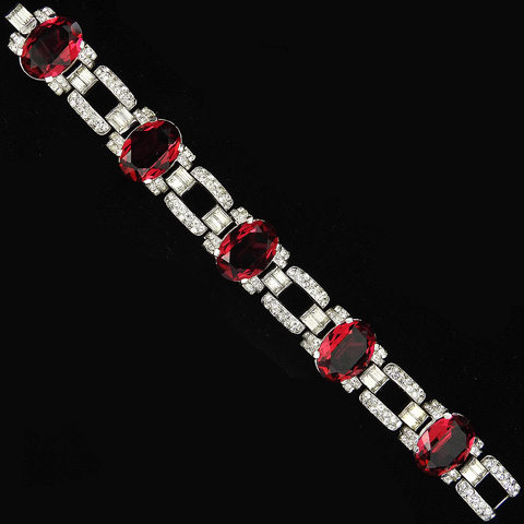 Trifari 'Alfred Philippe' Pave Baguettes and Oval Cut Rubies Five Link Bracelet