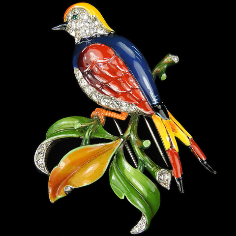 Trifari 'Alfred Philippe' Multicoloured Enamel Perching Tropical Swallow Bird on Branch Pin Clip