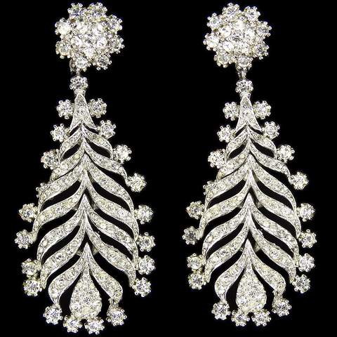 Trifari 'Alfred Philippe' Sinuous Pave Oval Leaves Pendant Clip Earrings