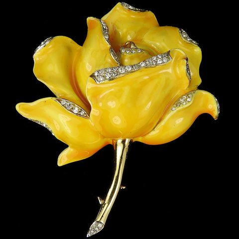 Trifari 'Alfred Philippe' Gold Pave and Enamel Yellow Rose Pin