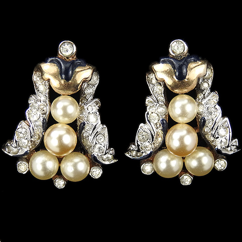 Trifari 'Alfred Philippe' 'Romantique' Empress Eugenie Four Pearls and Scrolls Clip Earrings
