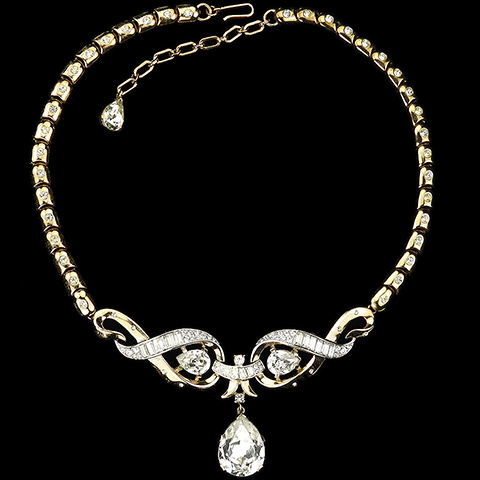 Trifari 'Alfred Philippe' Spangled Gold Double Baguette Swirls and Pendant Pear Shaped Diamond Choker Necklace