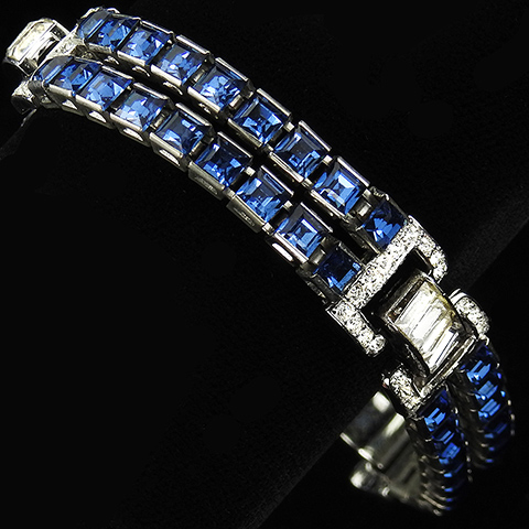 Trifari 'Alfred Philippe' Invisibly Set Sapphires and Diamante Baguettes Double Stranded Tennis Bracelet