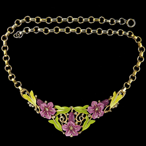 Trifari 'Alfred Philippe' Purple Lillies and Green Leaves Enamelled Floral Spray Necklace