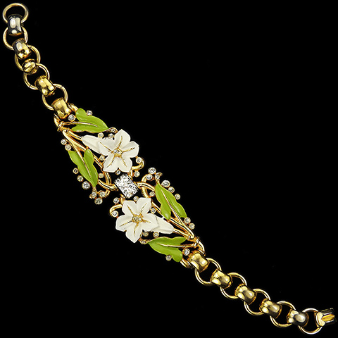 Trifari 'Alfred Philippe' White Lillies and Green Leaves Enamelled Floral Spray Bracelet