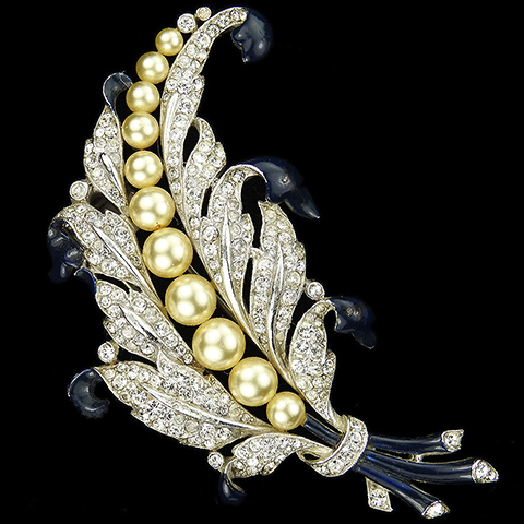Trifari 'Alfred Philippe' Pave Pearls and Blue Enamel Empress Eugenie Lily of the Valley Pin Clip