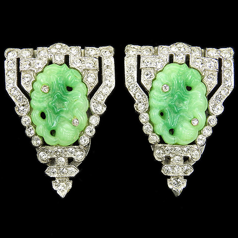 KTF Trifari 'Alfred Philippe' 1930s Ming Series Pave Shields and Jade Ovals Pair of Dress Clips