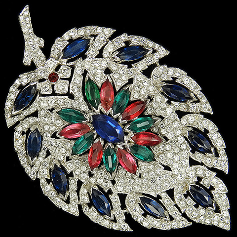 KTF Trifari 'Alfred Philippe' 1930s Jewels of India Pave and Tricolour Stones Large Leaf Pin