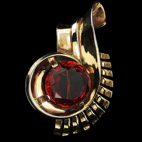 Trifari Sterling 'Alfred Philippe' Deco Gold Swirl and Diamond Cut Ruby Pin Clip