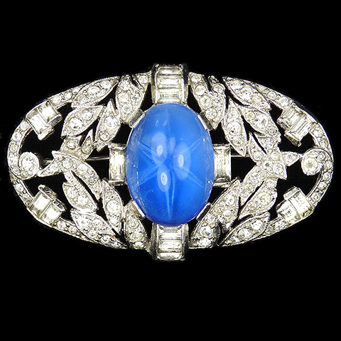 KTF Trifari 'Alfred Philippe' Oval Pave Leaves, Baguettes and Single Star Sapphire Deco Pin