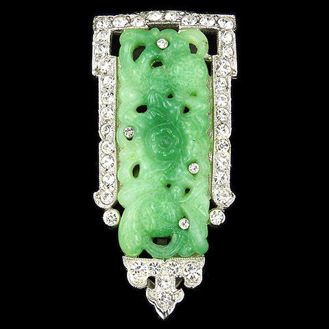 KTF Trifari 'Alfred Philippe' 1930s Ming Series Pave and Carved Jade Dress Clip