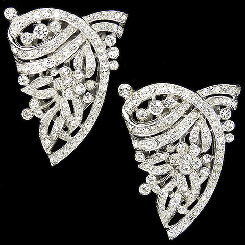 Trifari 'Alfred Philippe' Retro Deco Pave Flowers Floral Swirl Pair of Dress Clips