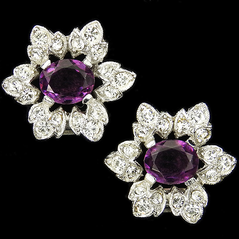 KTF Trifari 'Alfred Philippe' Pave and Amethyst Star Flower Clip Earrings