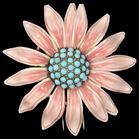 Trifari 'Alfred Philippe' Gold Pink Enamel and Turquoise Daisy Flower Pin Clip