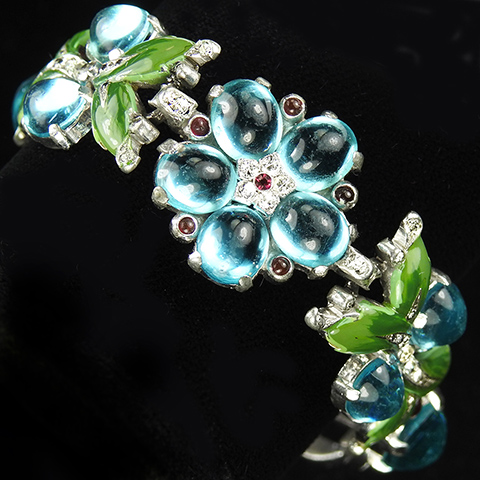 Trifari 'Alfred Philippe' Iridescent Aquamarine Cabochons Pastel Five Petalled Flower and Enamel Leaves Bracelet