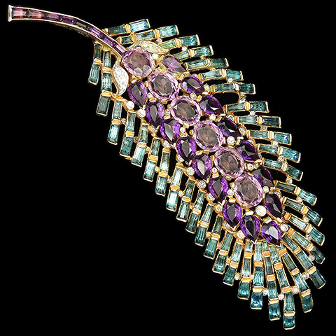 Trifari 'Alfred Philippe' Gold Pave Aquamarine Baguettes and Pale and Dark Amethysts Giant Leaf Pin Clip