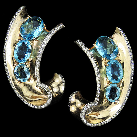 Trifari Sterling 'Alfred Philippe' Gold Pave Triple Aquamarines Matched Pair of Swirl Pin Clips