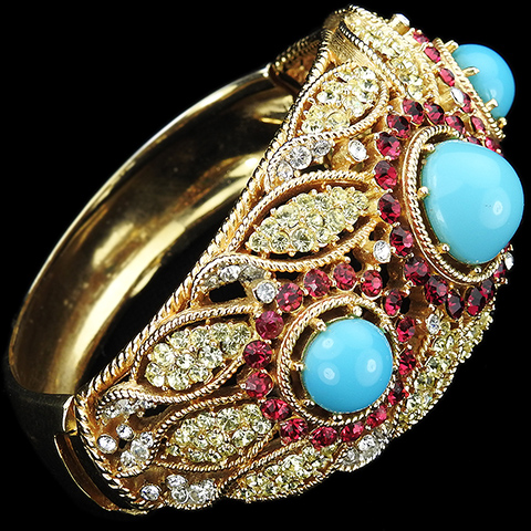 Trifari 'Alfred Philippe' Moghul Jewels Style Gold Openwork with Citrine Leaves Ruby Circles and Turquoise Cabochons Bangle Bracelet