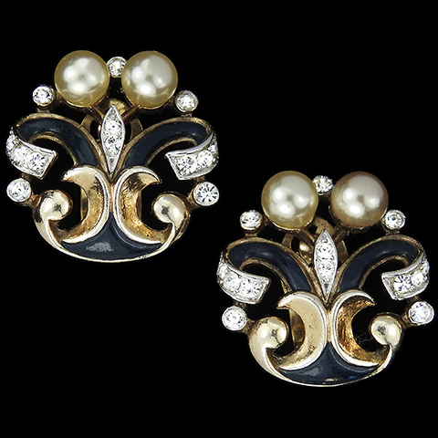 Trifari 'Alfred Philippe' 'Romantique' Empress Eugenie Pave Pearls and Enamel Clip Earrings