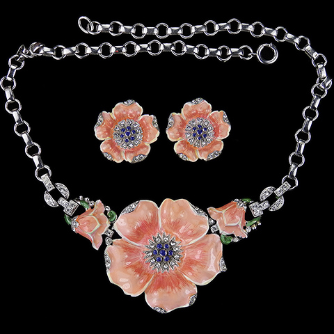 Trifari 'Alfred Philippe' 'Rue de la Paix' Salmon Pink Enamelled Primrose or Poppy Necklace and Clip Earrings Set