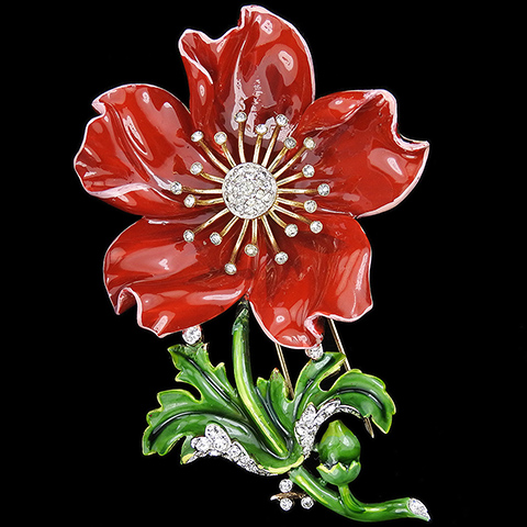 Trifari 'Alfred Philippe' Large Pave and Red Enamel Rose Flower Pin Clip