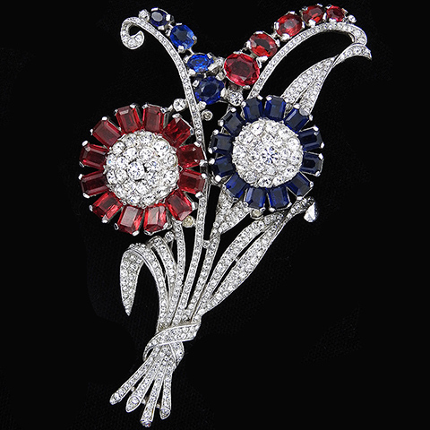 Trifari 'Alfred Philippe' WW2 US Patriotic Diamante Ruby and Sapphire Pave Giant Two Flower Floral Spray Pin Clip 