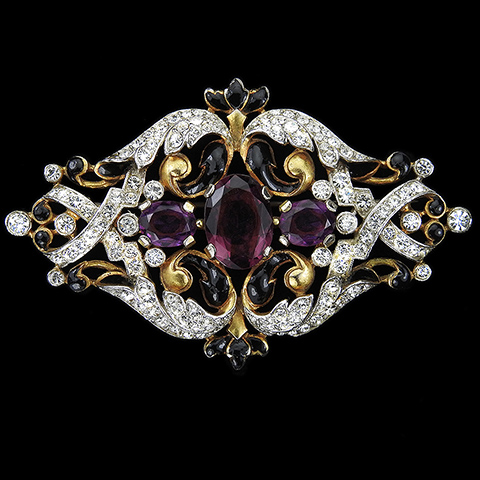 Trifari 'Alfred Philippe' 'Empress' Gold and Pave Scrolls Black Enamel and Amethysts Bar Pin