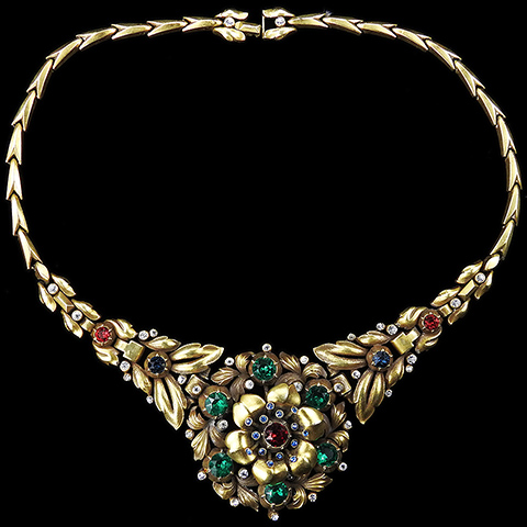  Trifari 'Alfred Philippe' 'Regence' Gold and Tricolour Spangles Rose Flower Trembler Collar Necklace