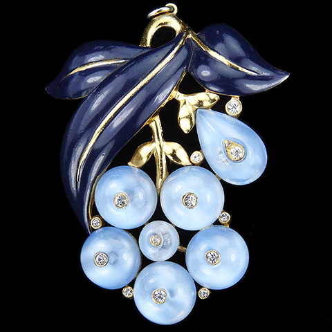 Trifari 'Alfred Philippe' Gold Dark Blue Enamel Circular and Teardrop Blue Moonstone Shoebutton Cabochons Floral Spray Necklace Pendant