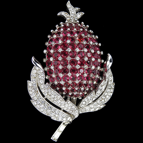 Trifari 'Alfred Philippe' Pave Leaves and Open Set Rubies Red Pineapple Pin