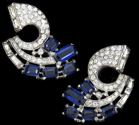 Trifari Sterling 'Alfred Philippe' Deco Pave and Baguettes Sapphire Swirls and Swags Clip Earrings