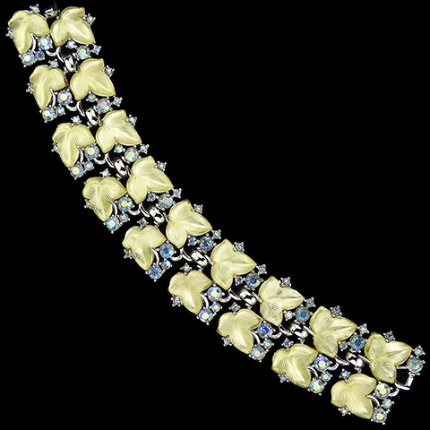 Trifari 'Alfred Philippe' 'Spring Frost' Aurora Borealis Spangles and Pastel Citrine Satin Fruit Salad Double Leaves Wide Bracelet