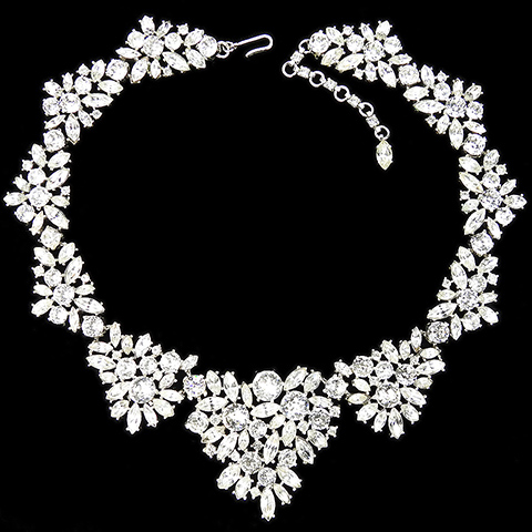 Trifari 'Alfred Philippe' Open Backed Foiled Diamante Chatons and Navettes Flower Clusters Collar Necklace