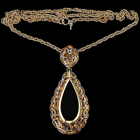 Trifari 'Modern Mosaics' Gold Citrine and Topaz Poured Glass Oval Loop Pendant Necklace