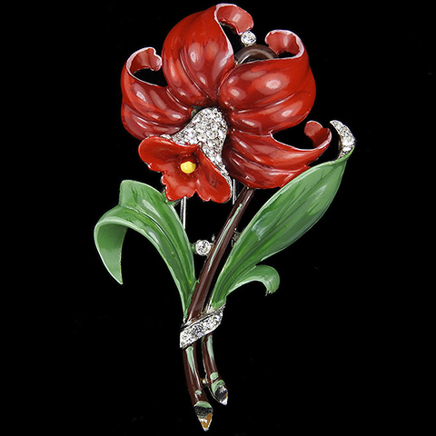 Trifari 'Alfred Philippe' Pave and Enamel Red Daffodil Flower Pin Clip