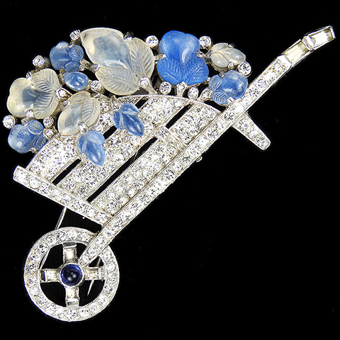 Trifari 'Alfred Philippe' Pave and Baguettes Blue and White Moonstone Fruit Salads Large Wheelbarrow Pin Clip