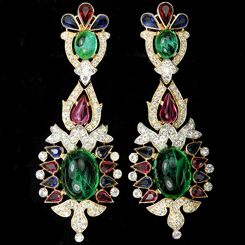 Trifari 'Alfred Philippe' 1960s Jewels of India Gold Pave Emerald Ruby and Sapphire Giant Pendant Clip Earrings