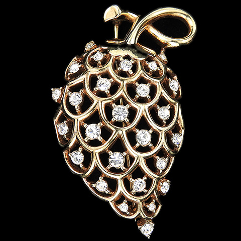 Trifari 'Alfred Philippe' Gold Openwork and Diamante Spangles Hanging Fruit on a Branch Strawberry (or Pineapple) Pin