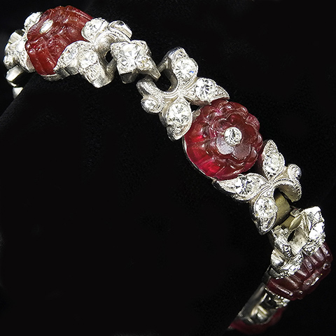 Trifari 'Alfred Philippe' 'Biarritz Jewels' Pave Leaves and Ruby Fruit Salad Berries Link Bracelet
