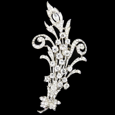 Trifari Sterling 'Alfred Philippe' Pave Chatons and Navettes Floral Spray with Spiral Leaves Pin Clip
