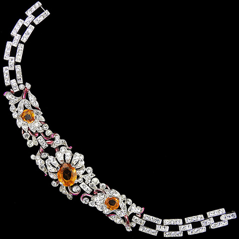 Trifari 'Alfred Philippe' Pave Citrines and Red Enamel Three Element Floral Bracelet