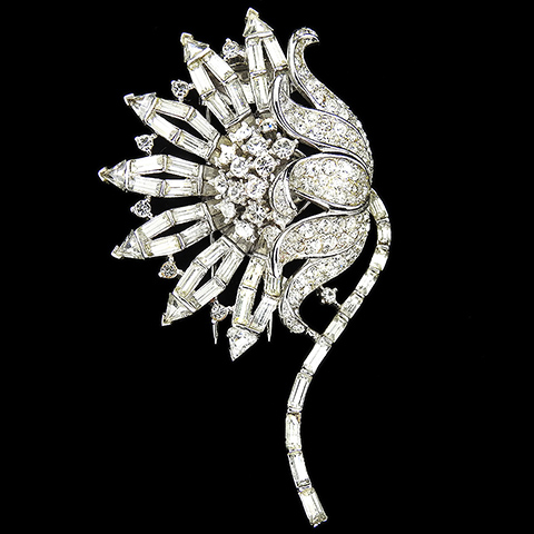 Trifari 'Alfred Philippe' Pave and Baguettes Diamante Peony Flower Pin Clip