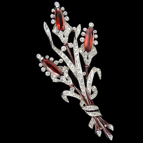Trifari 'Alfred Philippe' Pave Enamel and Triple Ruby Flowers Floral Spray Pin