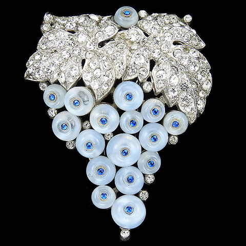 Trifari 'Alfred Philippe' Pave Leaves Blue Moonstone and Sapphire Cabochons Grapes on a Vine Pin Clip